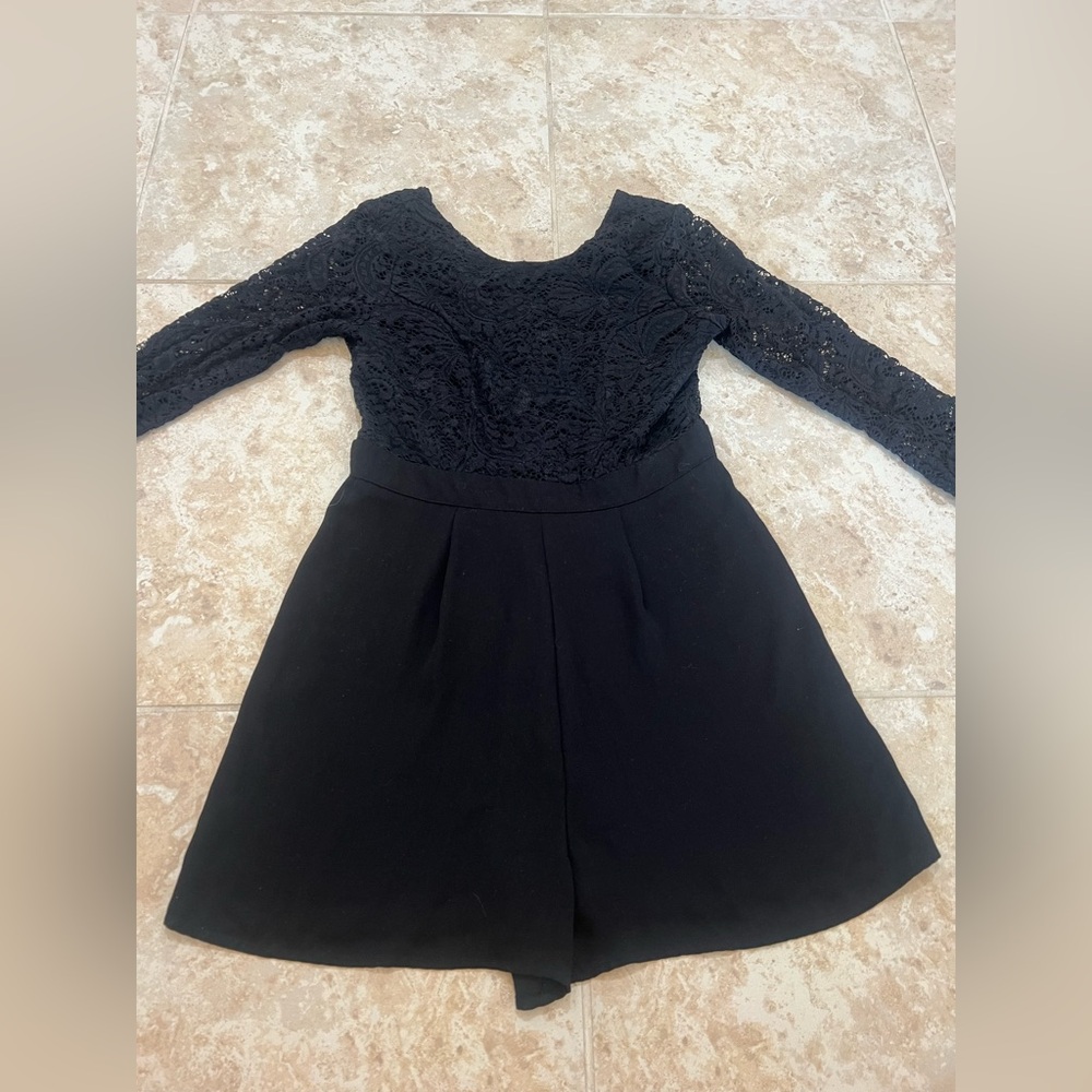 Three Pink Hearts Black Long Sleeve Lace Romper - Size Medium